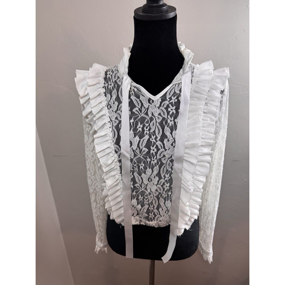 New Look Womens XS Cameo Rose White Lace Ruffle Blouse Victorian Edwardian Tie - Picture 2 of 10
